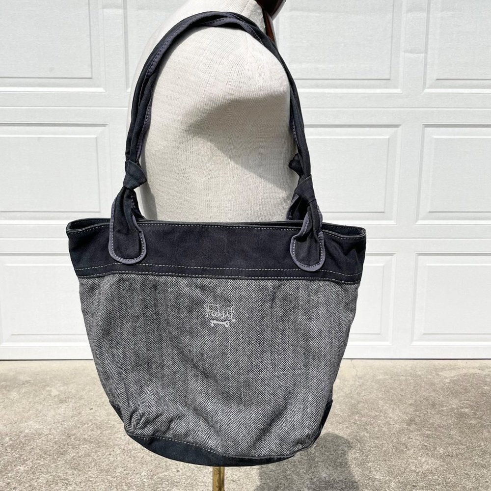 Fossil Shoulder Tote Fabric Herringbone Embroidered Gray Key Per